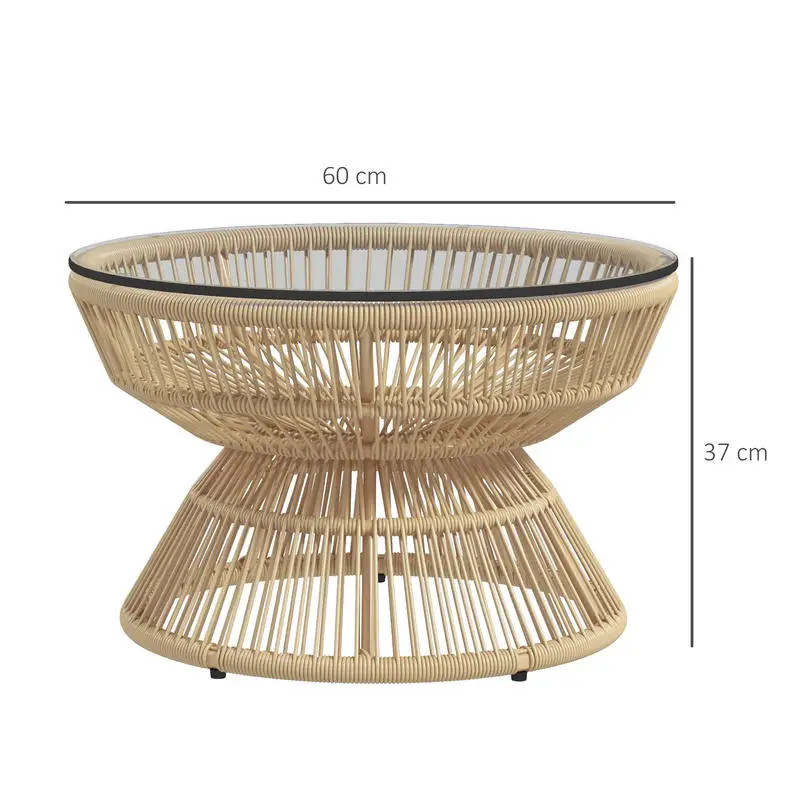 Base de table de jardin ronde, table d'appoint en résine aspect rotin et plateau en verre trempé Ø60 x 37H cm