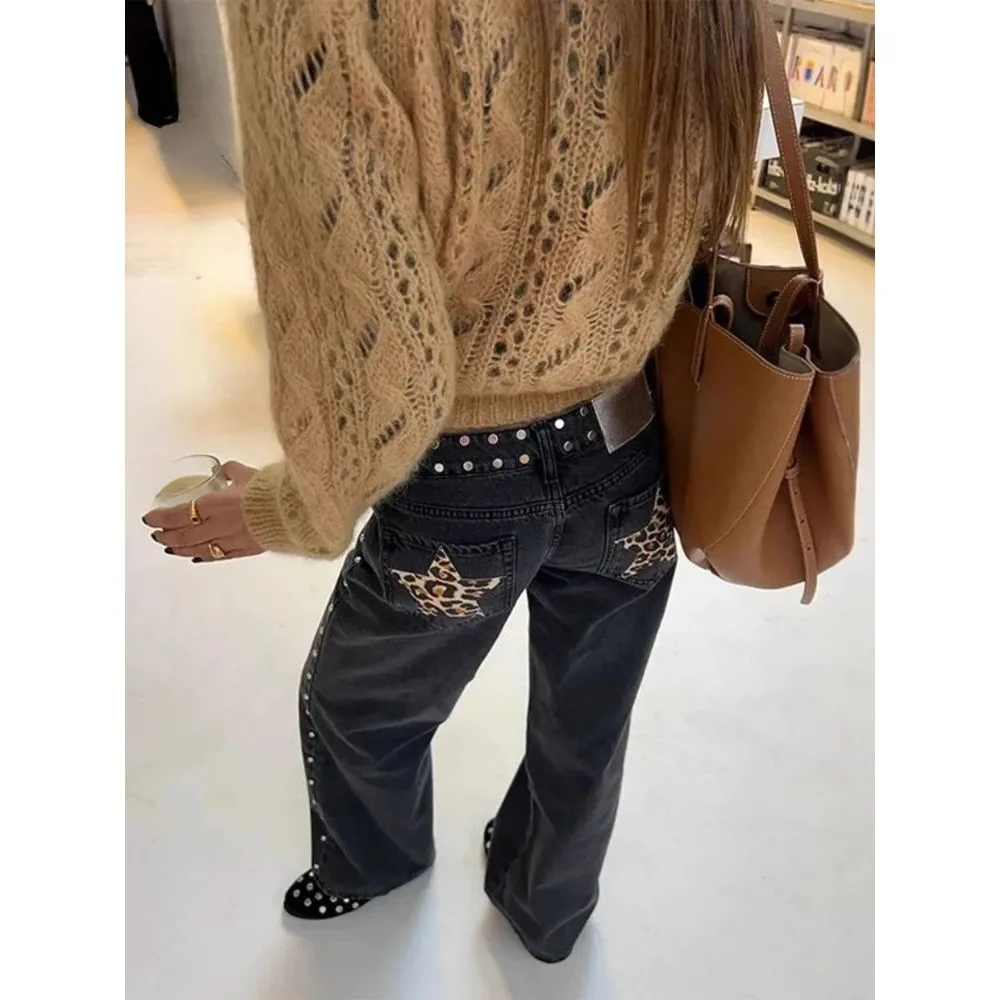 

HOUZHOU Y2k Bla Vintage Leopard Star Patchwork Women Jeans High Waist Slim Fit PU Leather Denim Pants for Women