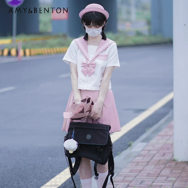 

2024 New Japanese JK Uniform Sailor Collar College Style Cute Sweet Pink and White Short Sleeves Top Skirt Bow Tie Suit For Girl