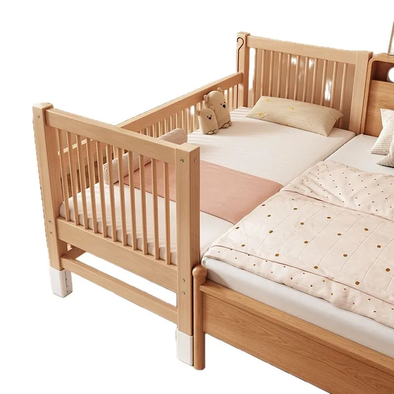

Beech splicing bed, children's bed, solid wood crib, widened splicing bed for children
