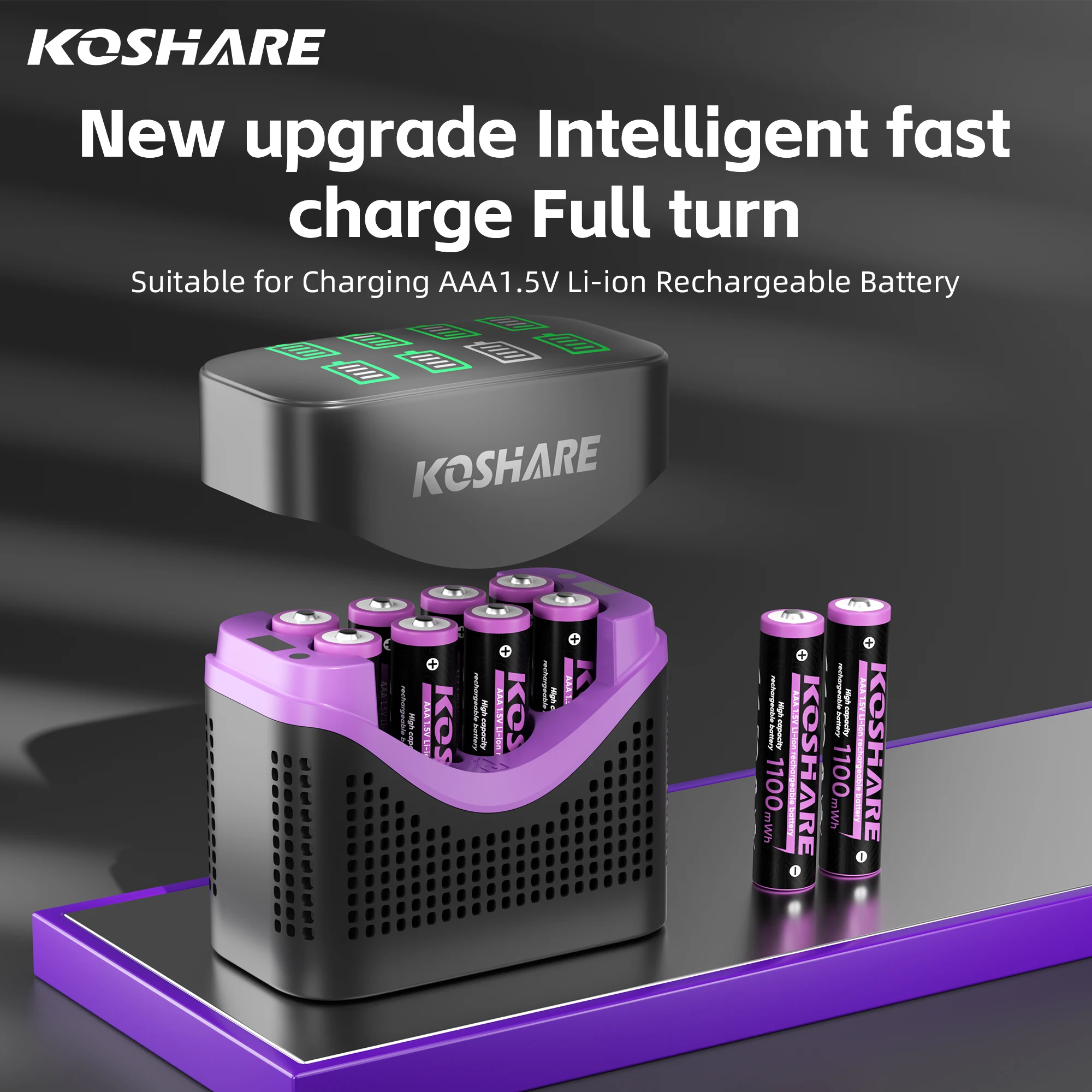 KOSHARE 1.5V AAA 1100mWh Lithium Rechargeable Batteries Charger Set With 8-Slots Smart Charger Case For Wireless Mouse Keyboard
