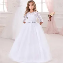 Long Sleeve White Lace Bridesmaid Dresses For Girls Children Formal Evening Gown Elegant Kids Girl Birthday Wedding Party Dress