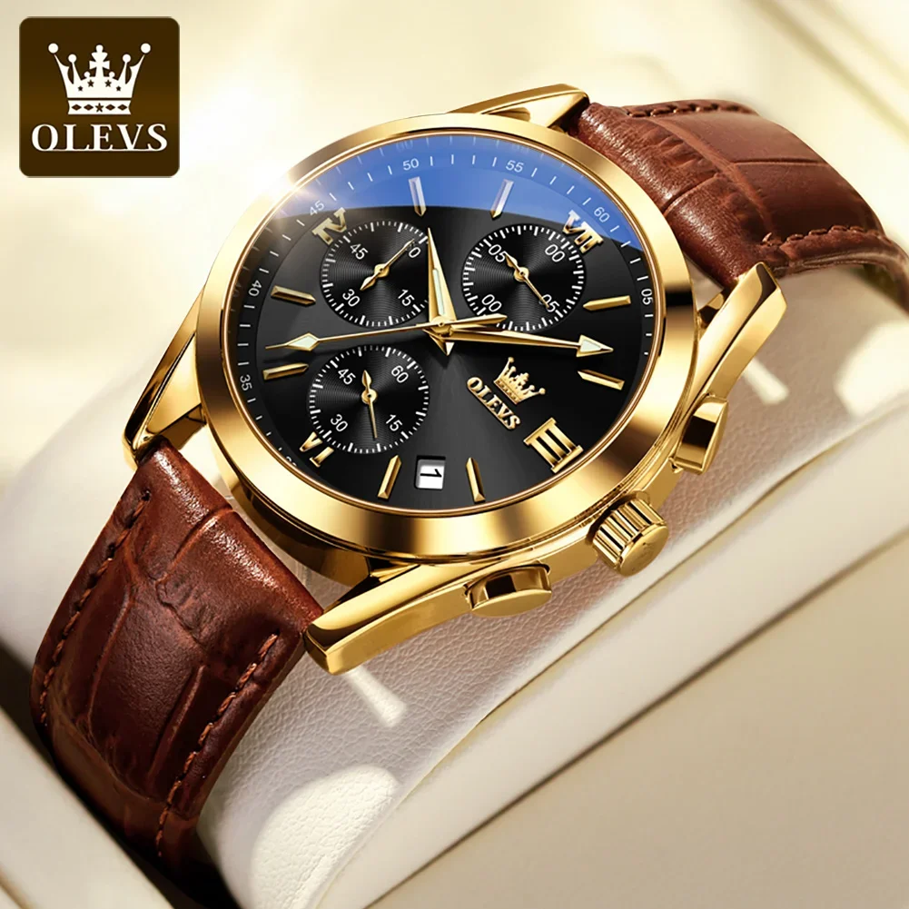 OLEVS Waterproof Sport Men Wristwatches PU Strap Quartz Multifunctional Three-eye Six-hand Watches for Men Luminous Chronograph