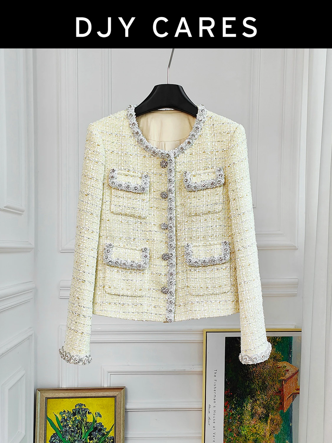 New Coarse woolen elegant pearl studded diamond long sleeved jacket big  size