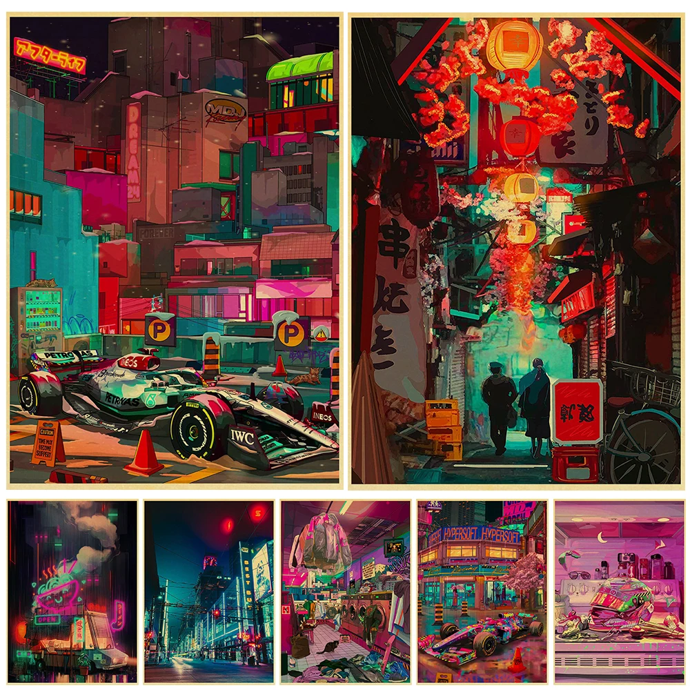 Night Neon City Street Poster Aesthetic Kraft Paper 80s illustration Anime Home Room Wall Art Bar Cafe Decor Synthwave Painting