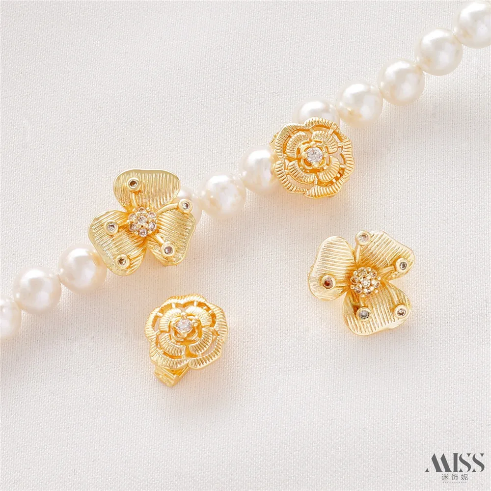 

14K Gold Bag Color Retention Diamond Camellia Orchid Clip Buckle Universal Button DIY Pearl Bracelet Necklace Buckle Accessories