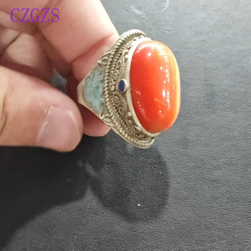 Retro Oriental Antique Twisted Metal Ring Unisex Big Oval Orange Cat Eye Cabochon Stone Tribal Men Finger Ornament