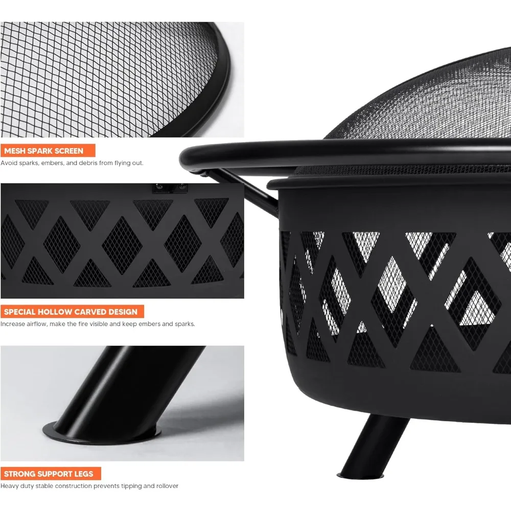 حفرة نار للفناء الخارجي مقاس 42 بوصة - حرق الخشب مع شاشة شرارة شبكية وبوكر مدفأة، أسود