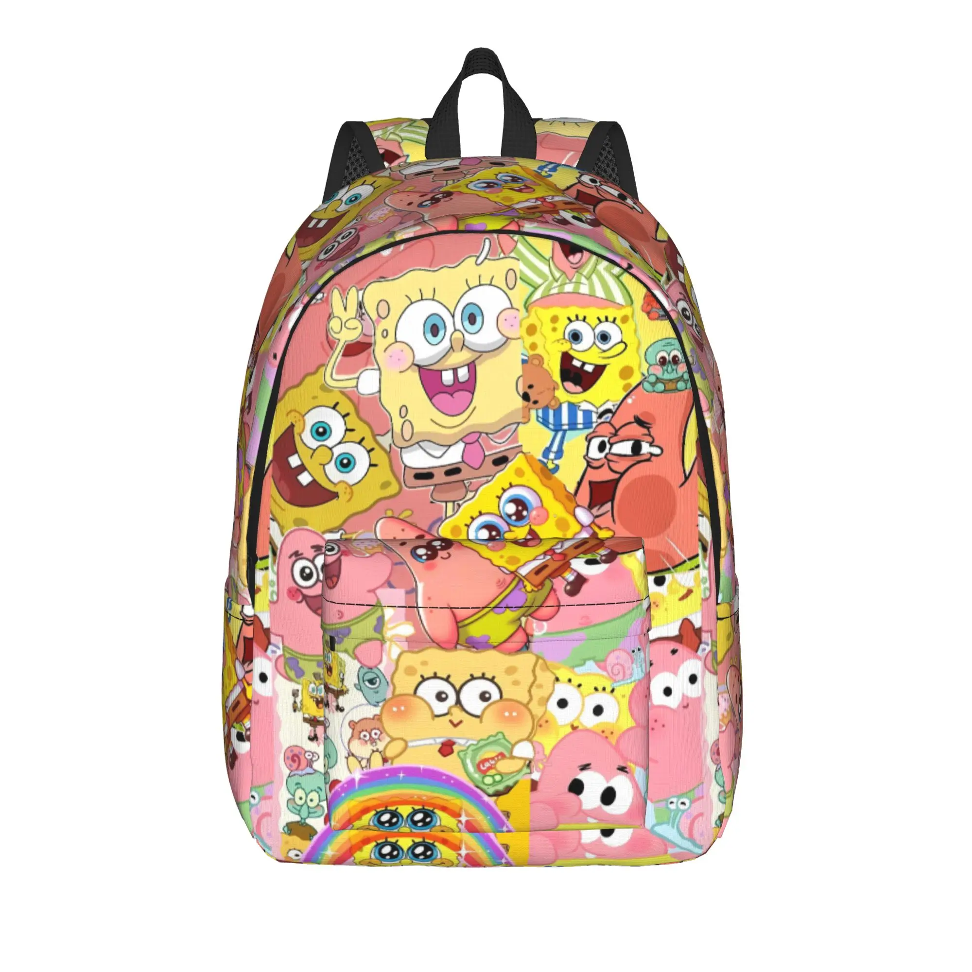 S-SpongeBobed Pink Tone Cute Group Collage Backpack  Youth Polyester Workout Backpacks Pattern Kawaii School Bags Rucksack