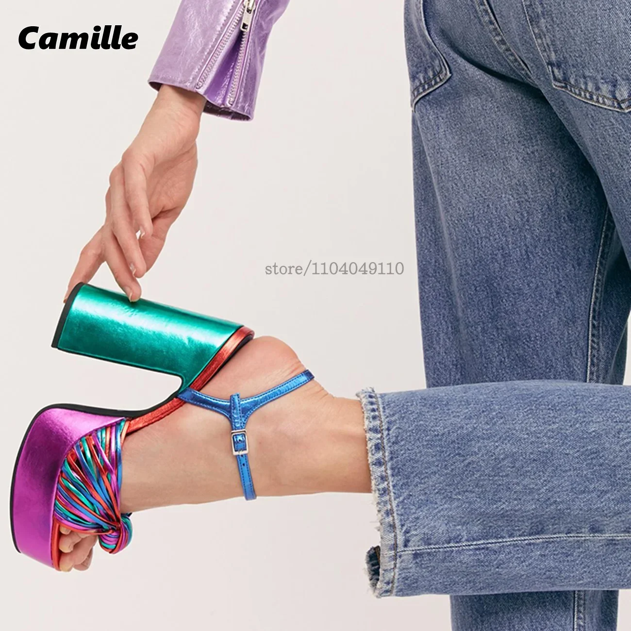 Genuine Leather Ankle Buckle Strap High Waterproof Sandals Peep Toe One Word Blet Sandals Mixed Color Chunky Heel Shallow Sandal