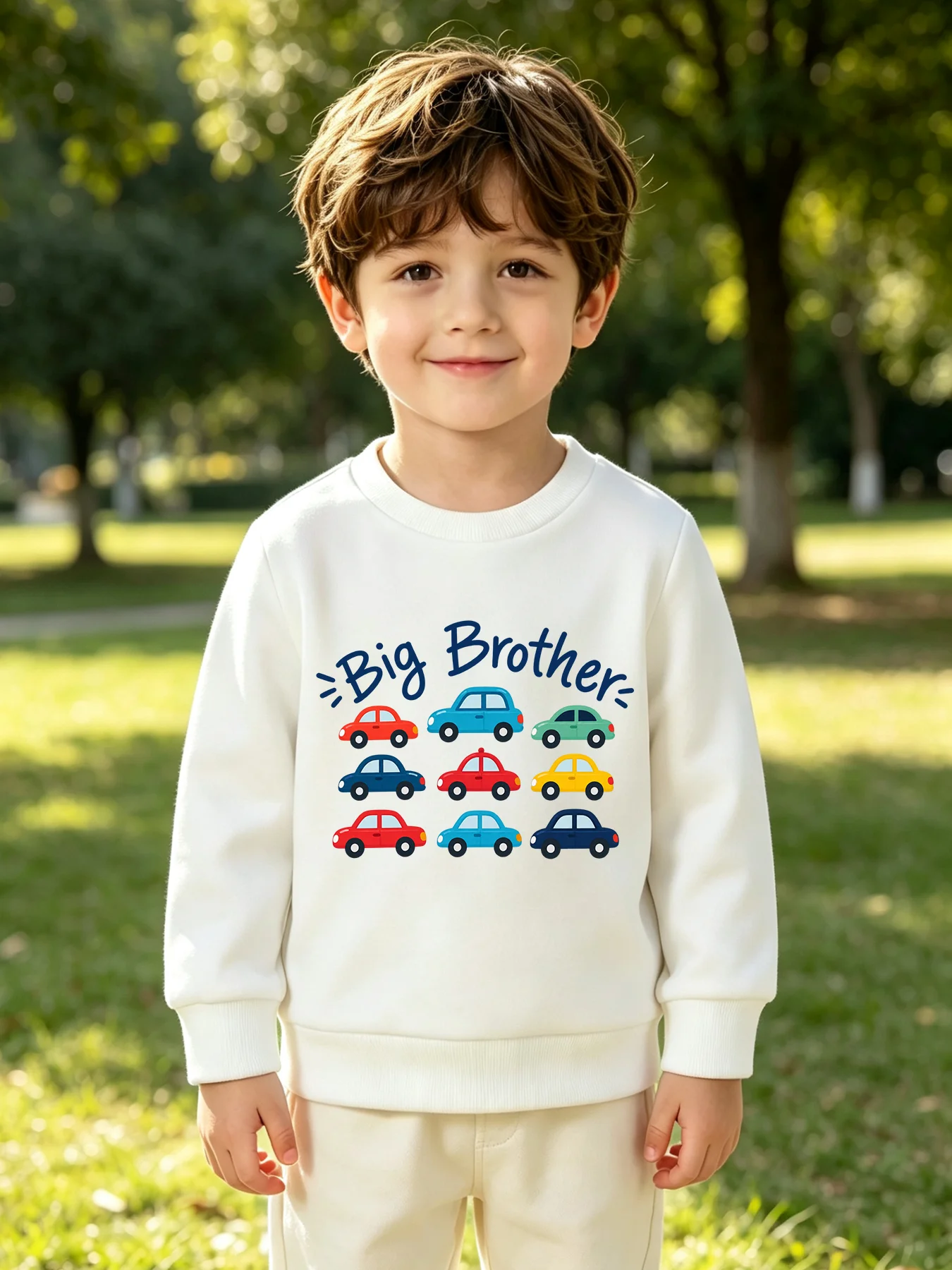 Kids Crew Neck Sweatshirt Cartoon Car Print Long Sleeve Top Big Brother Theme Boys Casual Pullover Sweatshirt
