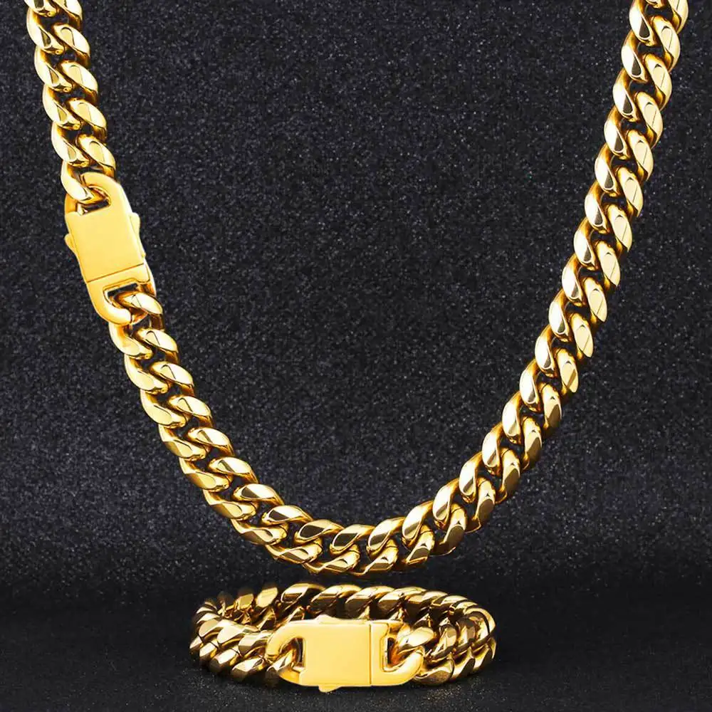 

Wholesale Joyeria Acero Inoxidable Gold Plated Jewelry Figaro Chain Miami Curb Cuban Link Necklace Bracelet Men's Jewelry Set