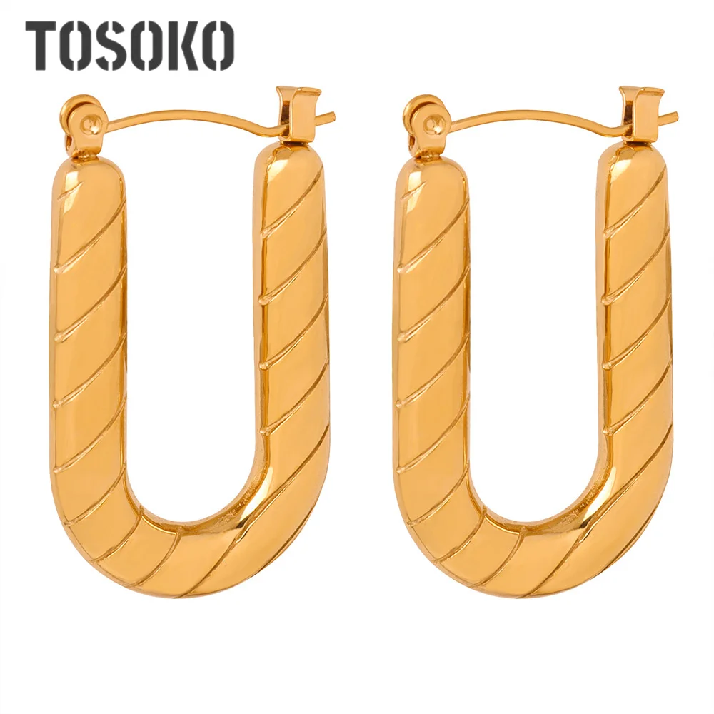 

TOSOKO Stainless Steel U-Shaped Long Diagonal Earrings Plated With 18K Gold Jewelry For Women BSF290