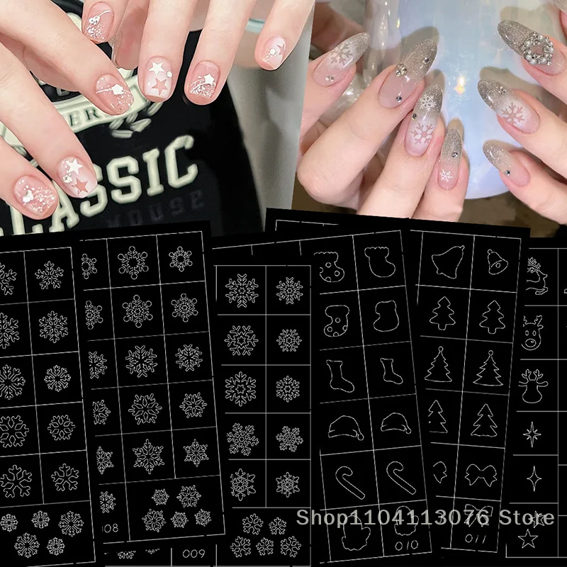 Airbrush Stencil For Nails Winter Snowflake Snow Tree Christmas Decors Hollow Nail Stickers Airbrush French Manicure Tips