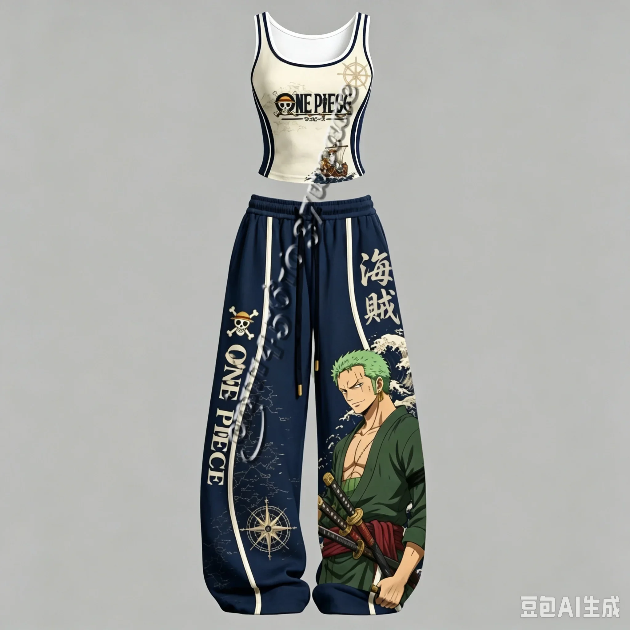 26/27 One Piece Luffy Zoro Robin Serie Charakter-Tanktop und Weite-Hosen-Set, Unisex Anime-Peripherie-Outfit für die Familie – Detail 4