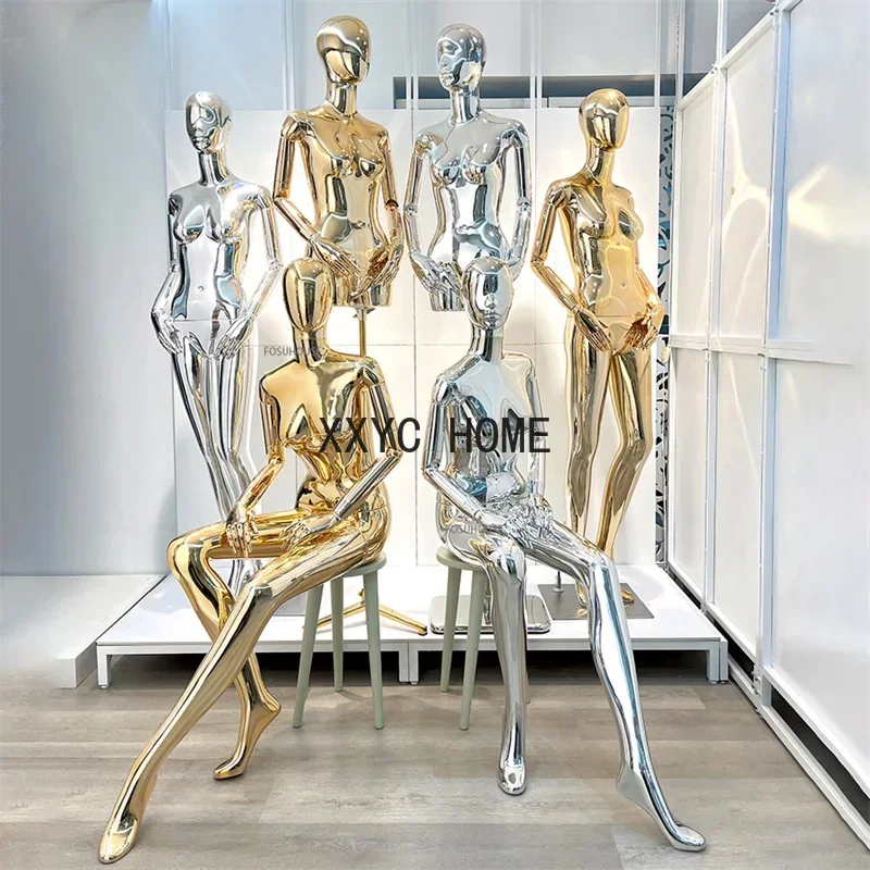 

Full Body Electroplating Female Mannequin Props for Women Clothing Store Window Display Stand Half Body Sitting Posture Model