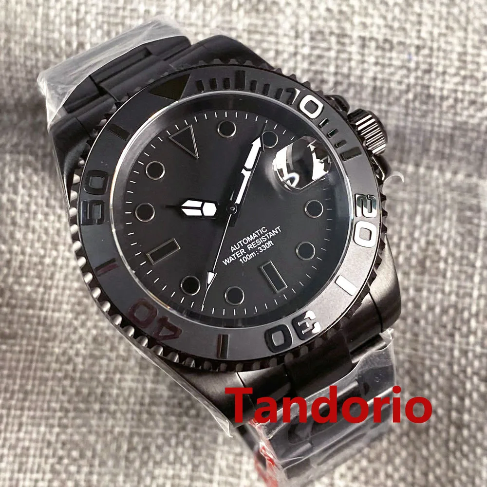 

40mm 24 Jewels NH35A Black PVD Automatic Men's Wristwatch Sapphire Glass Auto Date Screw Crown Black Dial Rotating Ceramic Bezel