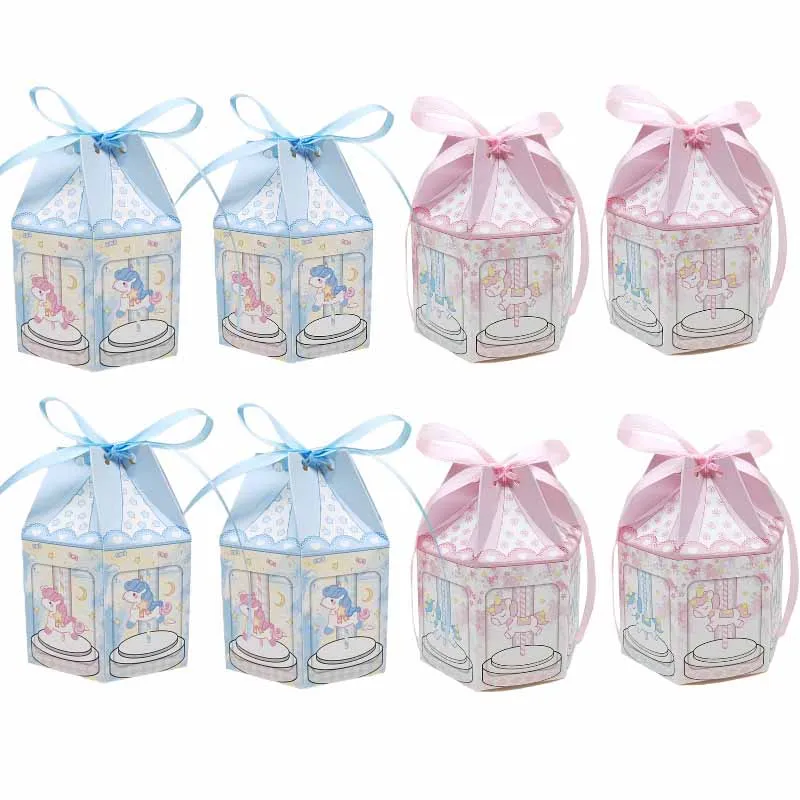 24/48Pcs Blau Rosa Karussell Design Papier Candy Box Mit Band Schokolade Kinder Geburtstag Geschenk Verpackung Boxen Baby dusche Liefert