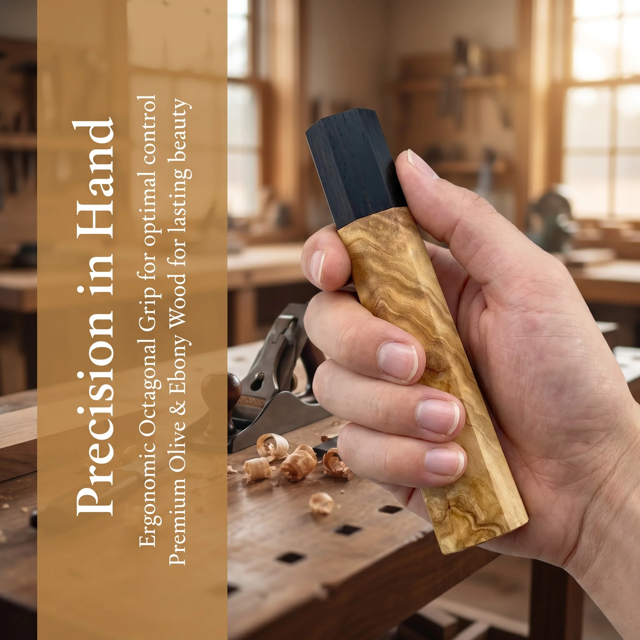 Natural Olive Wood Octagonal Knife Handle - Handcrafted & Exquisitely Carved. Universal Replacement Handle for Chef's Knives.
