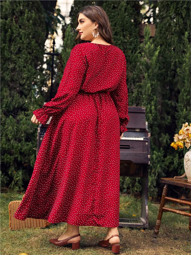 Plus Size jesienna długa sukienka damska nadruk w kropki Polka z długim rękawem na co dzień sukienki damskie moda luźna plisowana kobieca sukienka 2023