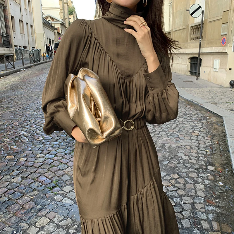 Korean Elegant Chic Autumn Turtleneck Loose Long Dress New 2024 Casual Women Coffee Color Lantern Sleeve Folds Belt Vestidos