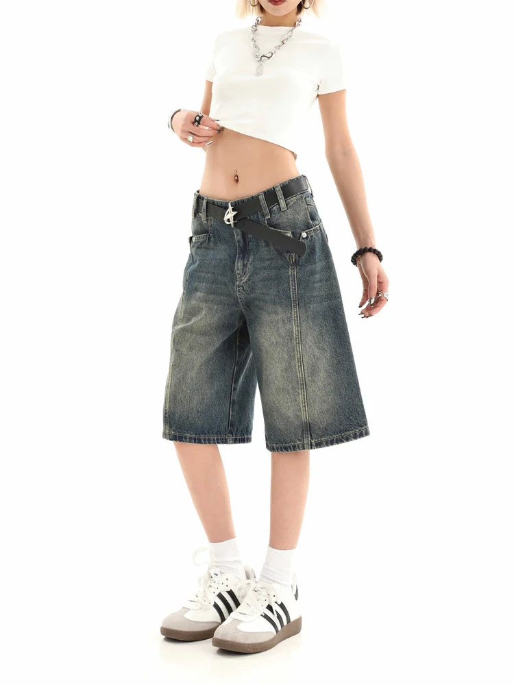 Women's Dark Blue Denim Shorts Hight Waist Jeans Shorts 2000s Vintage Y2k Cowboy Medium Short Pants Harajuku Clothes Summer 2025