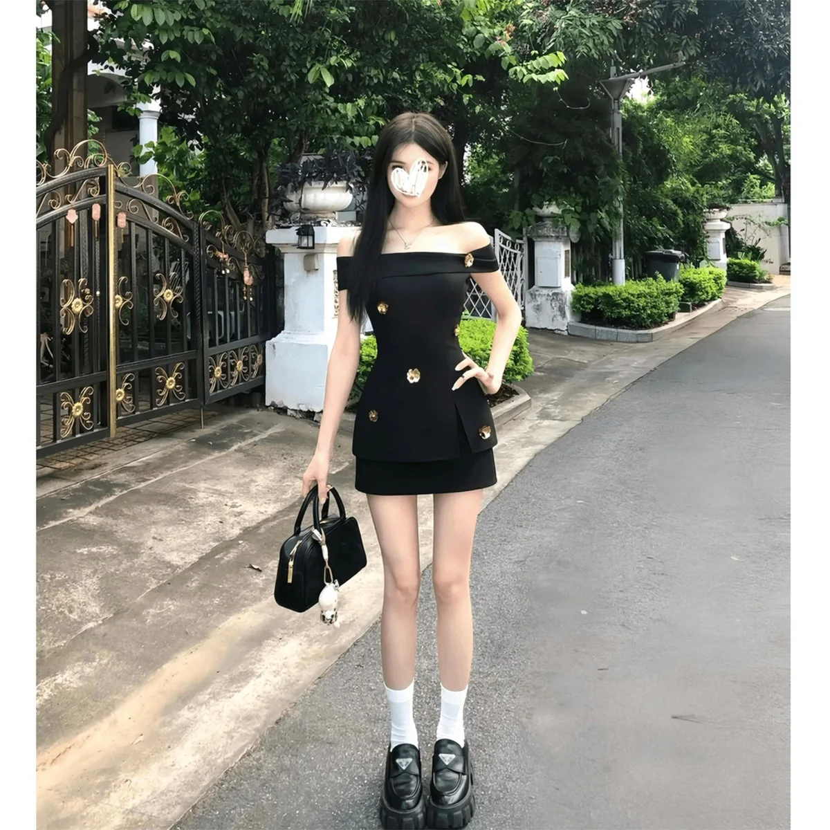 Elegant Black One-Shoulder Slimming Half-Skirt Two-Piece Set Women's Fashion Design Pure Desire Style H-Shape Loose Fit Polye...