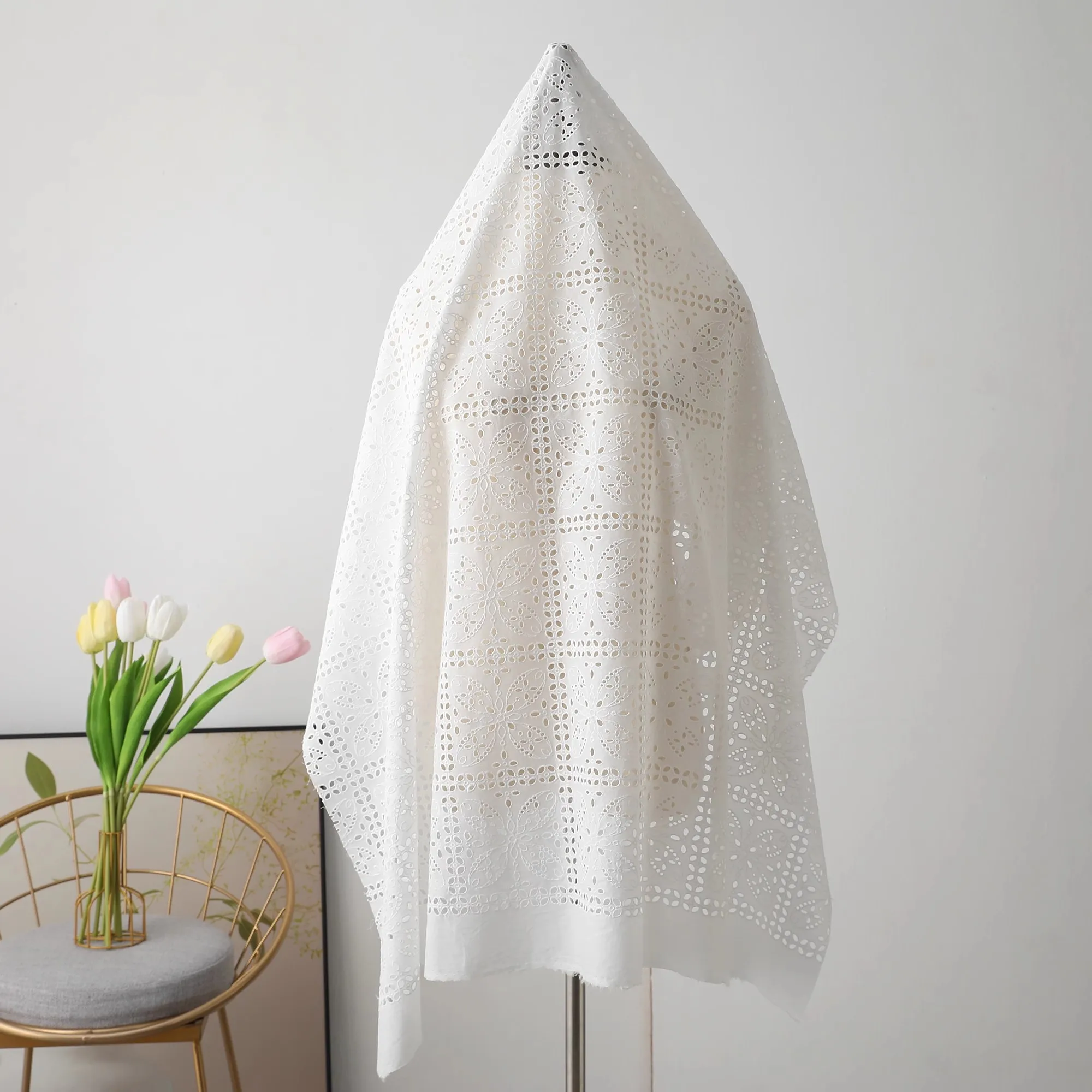 Tela de algodón peinado blanco puro de 1 yarda, tela hueca para camisas, vestidos, telas para ropa, manteles DIY, telas