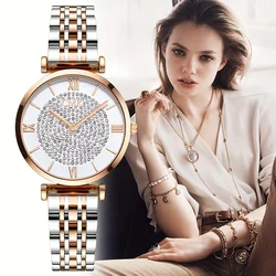 Luxurious Vintage Roman Numeral Dial Quartz Watch with Round Pointer & Rhinestone Decorations & Stainless Steel Band