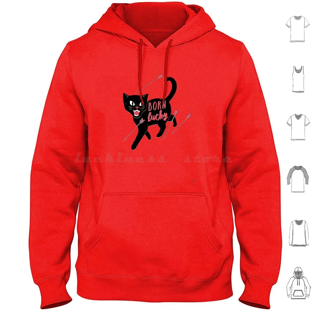 Born Lucky Hoodie cotton Long Sleeve Cats Cat Black Cat Type Typography Animals Dinomike