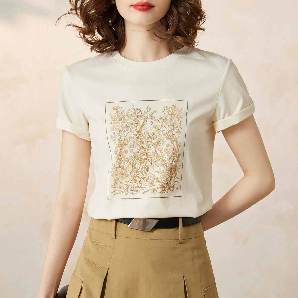 LOUIS YAO Women T-shirt Fashion Print Tee 2024 Summer New Casual Round Neck Short Sleeve Basic Loose Fit T-shirt