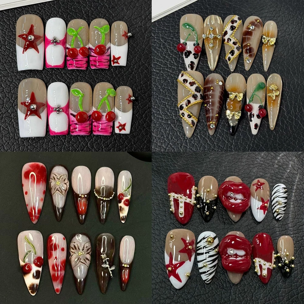 

10Pcs Europe America Handmade Long Almond Wearable Press On Nails High-End Golden Beads Bowknot Flowers Diamond French Fake Nail