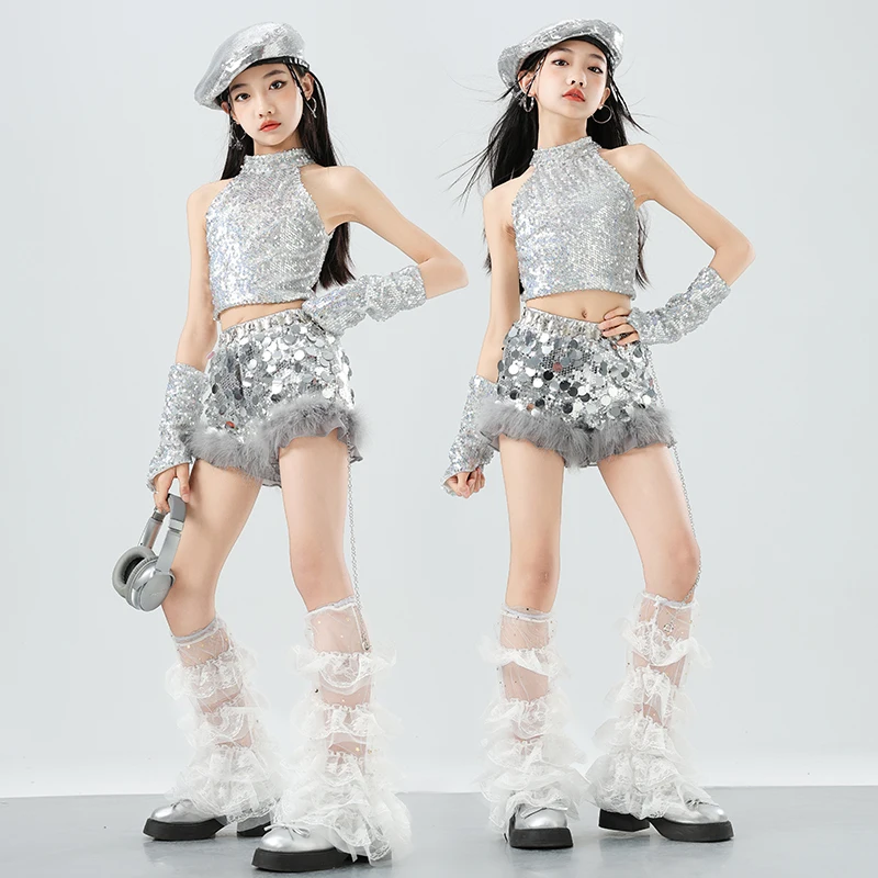 

Детская групповая одежда K-pop с блестками, одежда для джазовых танцев, танцевальный костюм в стиле хип-хоп для девочек, детская танцевальная одежда для выступлений, SL14780