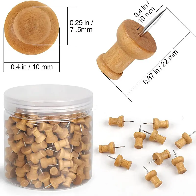 50PCS Wood Push Pins Wooden Thumb Tacks Steel Point Decorative For Cork Boards Map Photos Calendar Home Office Craft Projects