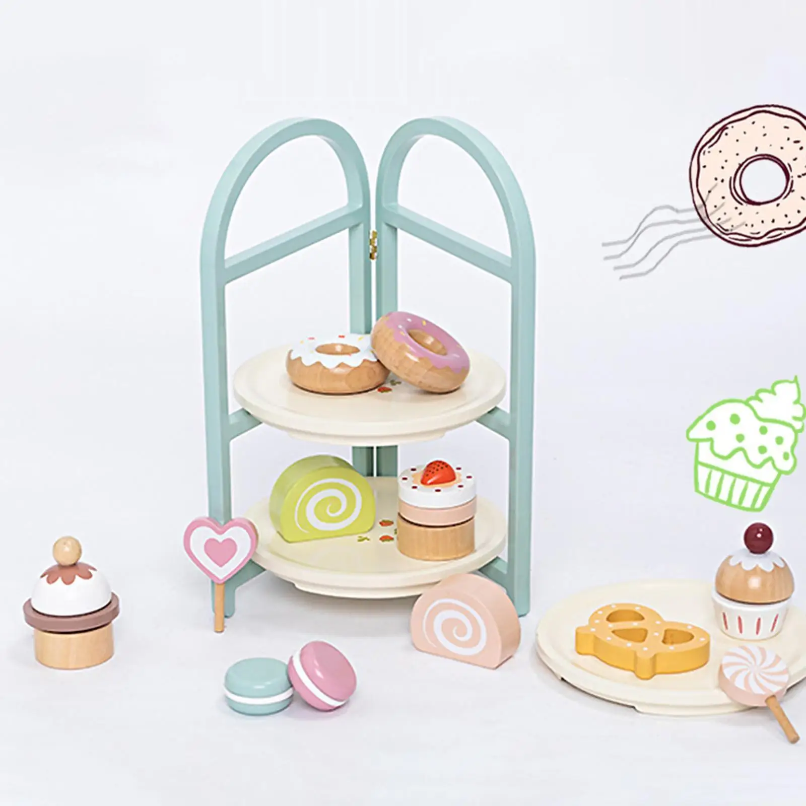 Wooden Dessert Cake Stand Play Kitchen Accessories Set with Muffins Cakes Donuts