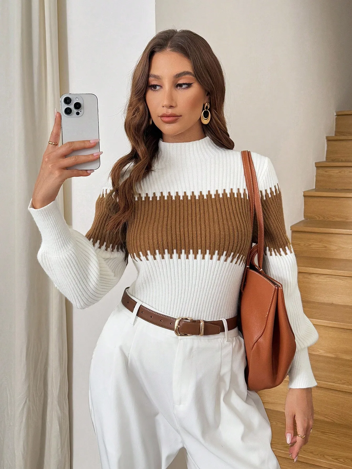 

Color Block Turtleneck Lantern Sleeve Knit Pullover Sweater for Women - Casual & Work Wear, Autumn Winter