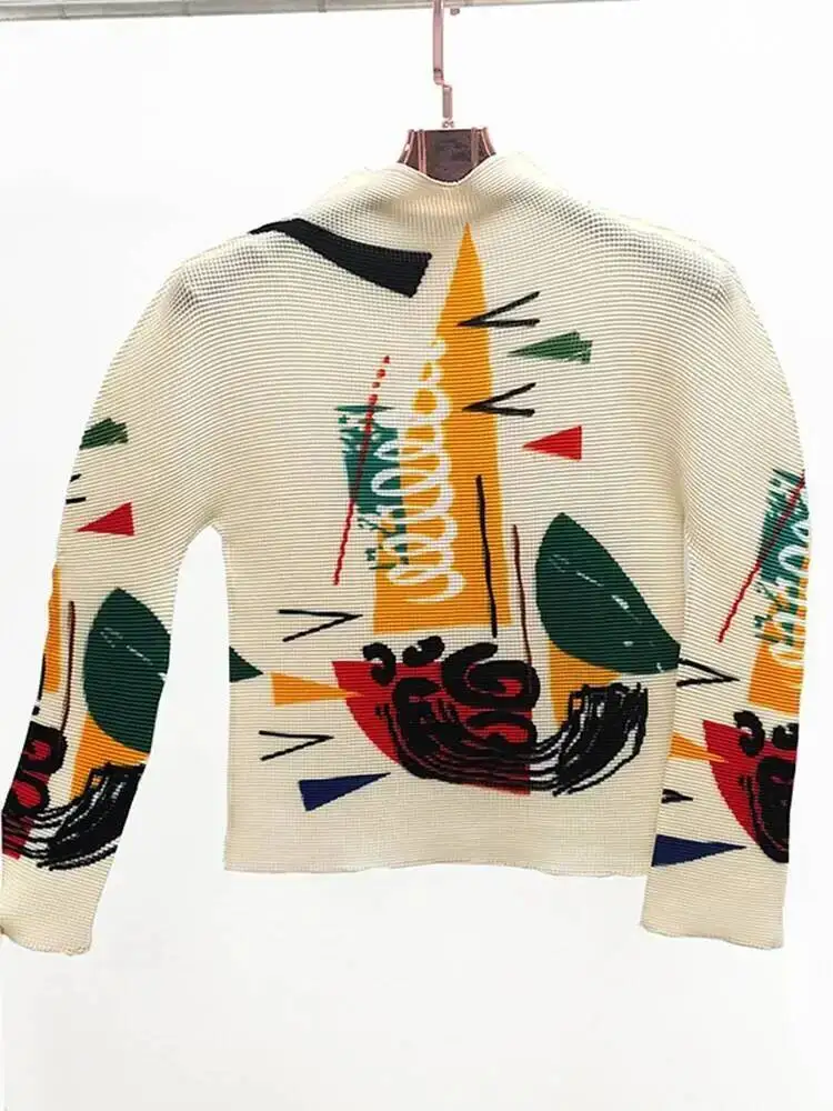 New Pleated Long Sleeve Pullover Top Women Fashion Color Block Print Casual Turtleneck T-shirts Female 2026 Spring 17GTBY9