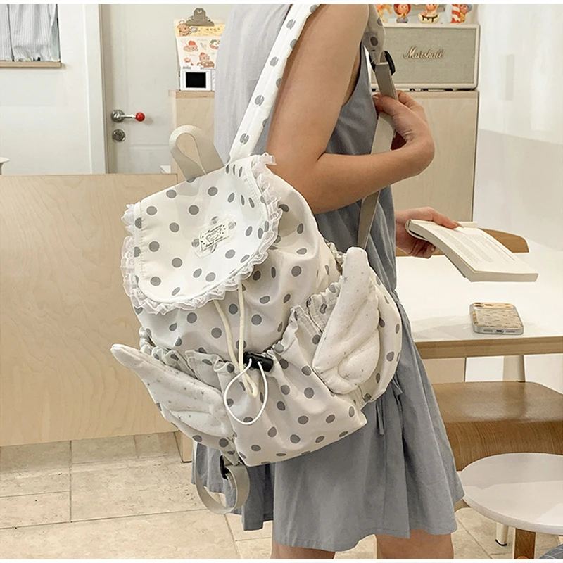 Angel Wings Polka Dot Studenten-Rucksack mit Kordelzug, koreanische süße süße Schultasche aus Nylon, leichte, lässige, geräumige Reisetasche – Detail 10