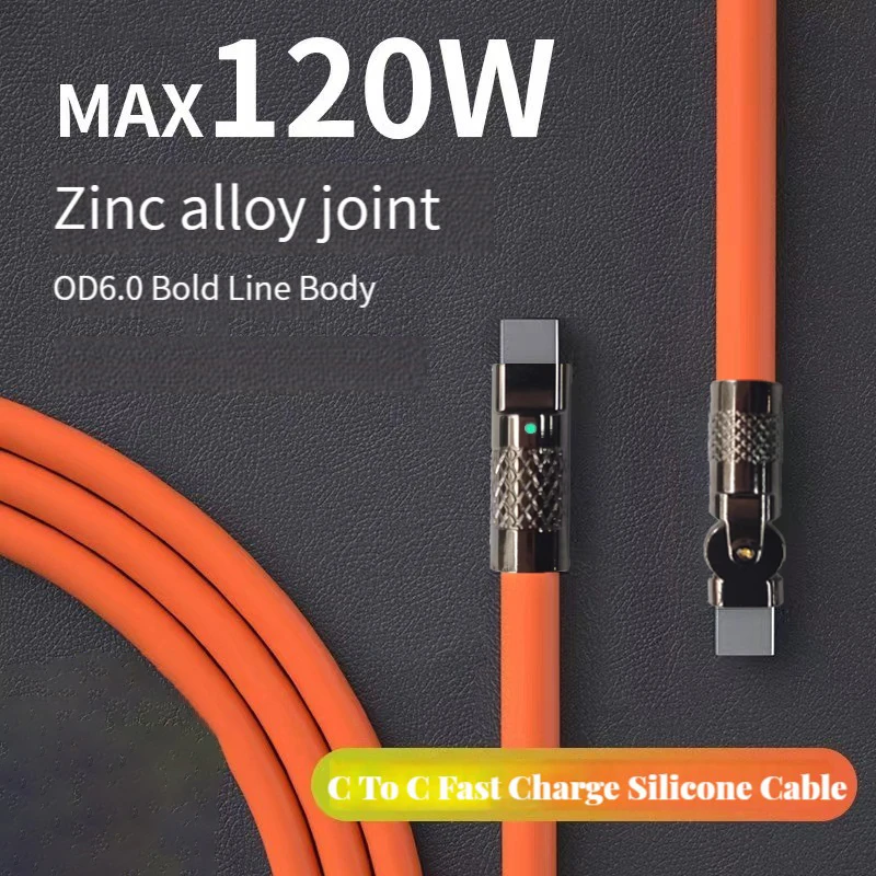 Cable de datos tipo C de 120 W y 6 A, carga súper rápida, silicona con codo giratorio de 180°, 1 m 2 m, cable USB C a C 4