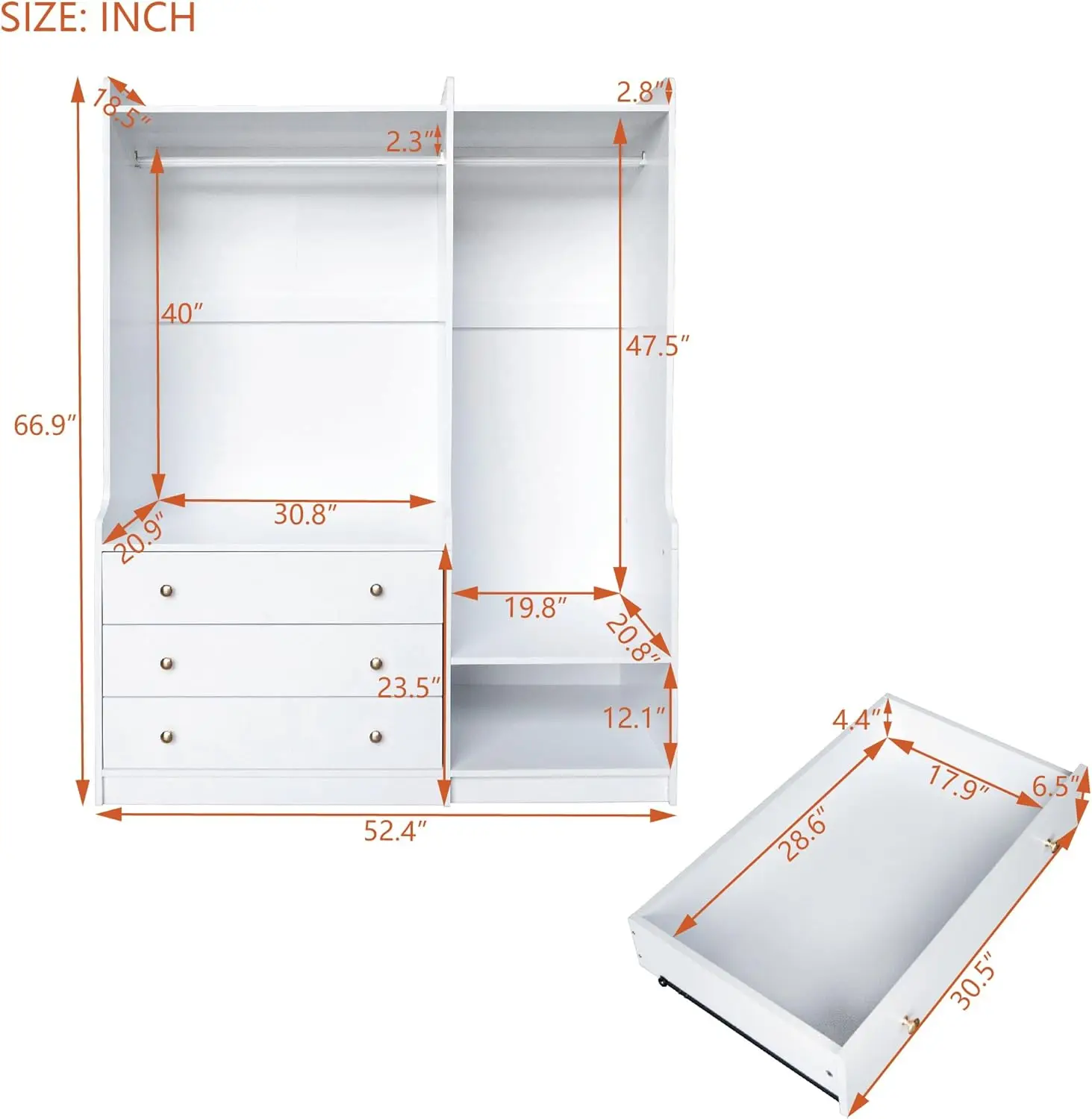 Wooden Open Wardrobe Closet, Bedroom Accent Armoire Closet Organizer with Drawers, Hanging Rails and Shelve, Functional Cl