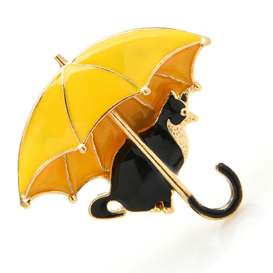 Cute Cat Under Umbrella Brooches For Women Enamel 4-color Fox Animal Party Casual Brooch Pins Gifts