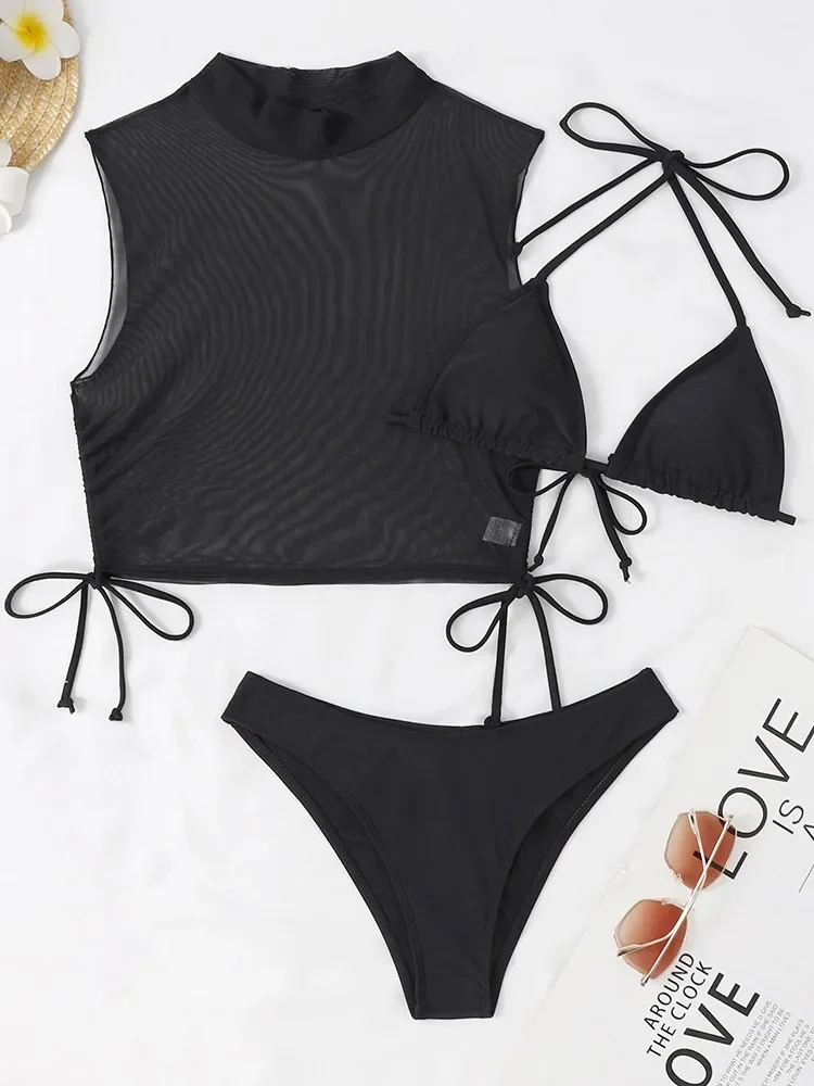 เซ็กซี่สีขาวสีดําลูกไม้ตาข่ายชุดบิกินี่สามชิ้นผู้หญิงชุดว่ายน้ําคอสูงชุดว่ายน้ําชุดว่ายน้ํา High Cut