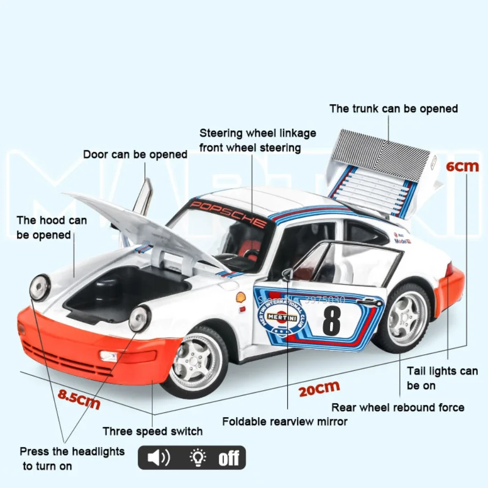 1:24 بورش 964 مارتيني سيارات لعبة نموذج سبيكة دييكاست عجلة التراجع سيارة رياضية ضوء الصوت سيارة مصغرة مجموعة ألعاب الأطفال