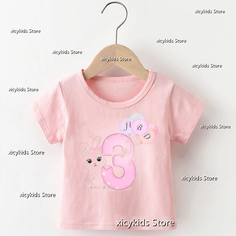 2023 Fashion Girls t-shirt Cute Balloon Bunny Birthday Number 1-9 th vestiti regalo di compleanno per bambini Tshirt ragazze magliette rosa