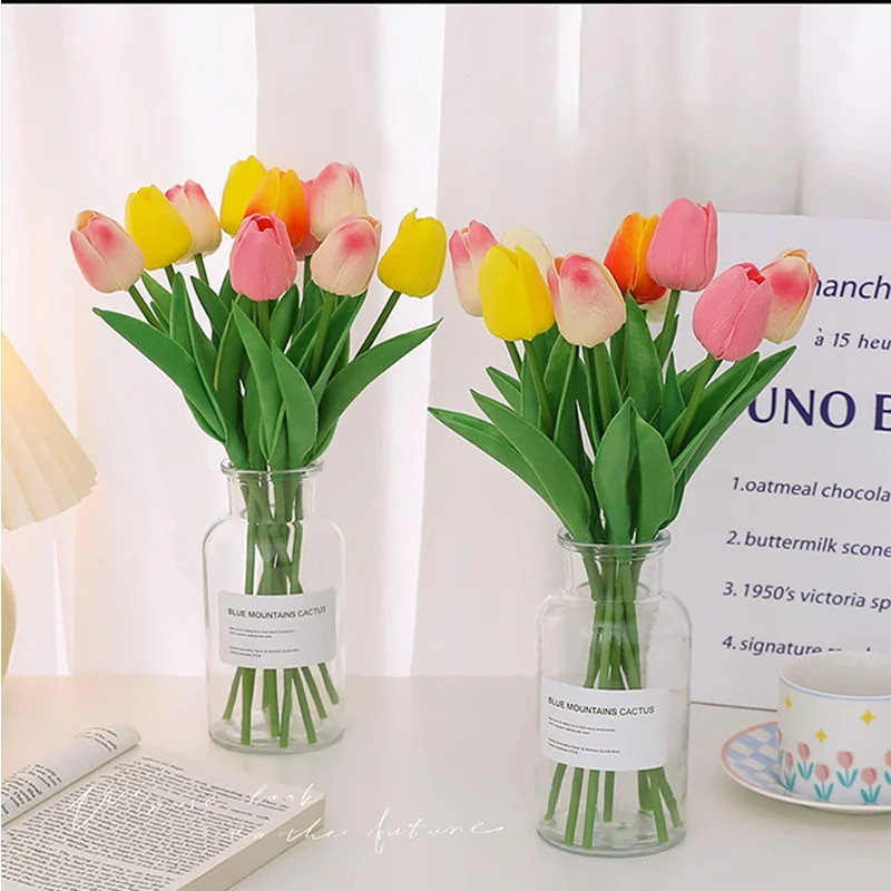 10Pcs Real Touch Artificial Tulips, PU Fake  Tulips with Long Stem, Faux Flower Bouquet for Home Decor, Wedding Centerpieces, Ta