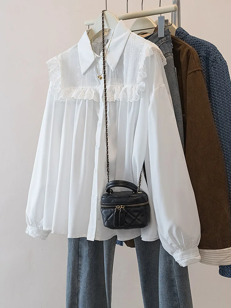 

Sweet Sle Long Sve Collar Lace Trim Loose Fit Slimming Unique Design Women's irt Spring Autumn Outerwear