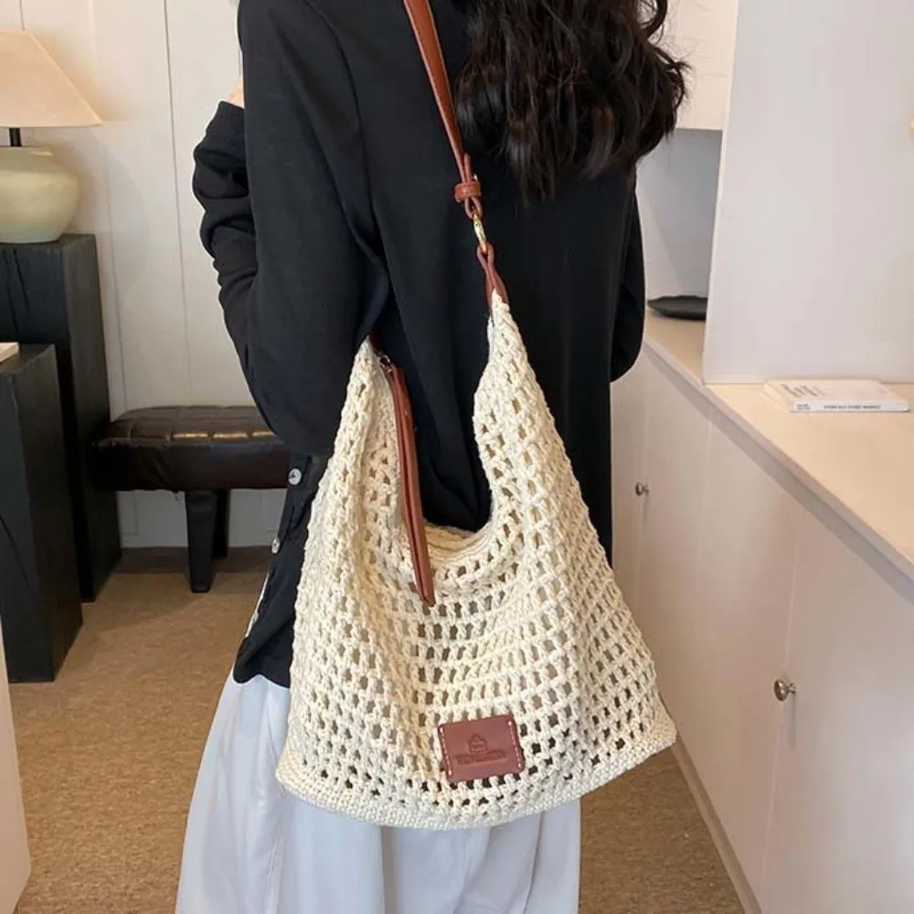 

Shoulder Bag Large Capacity Crochet Tote Bag Lightweight PU Strap Hollow Woven Bag Korean Style Cotton Knitting Handbag School
