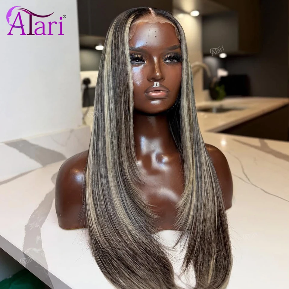 180 Density Stripe 1B 27 Straight Human Hair Wigs Transparent 13x4 13x6 Highlight Ash Blonde Lace Frontal Remy Wig Pre Plucked