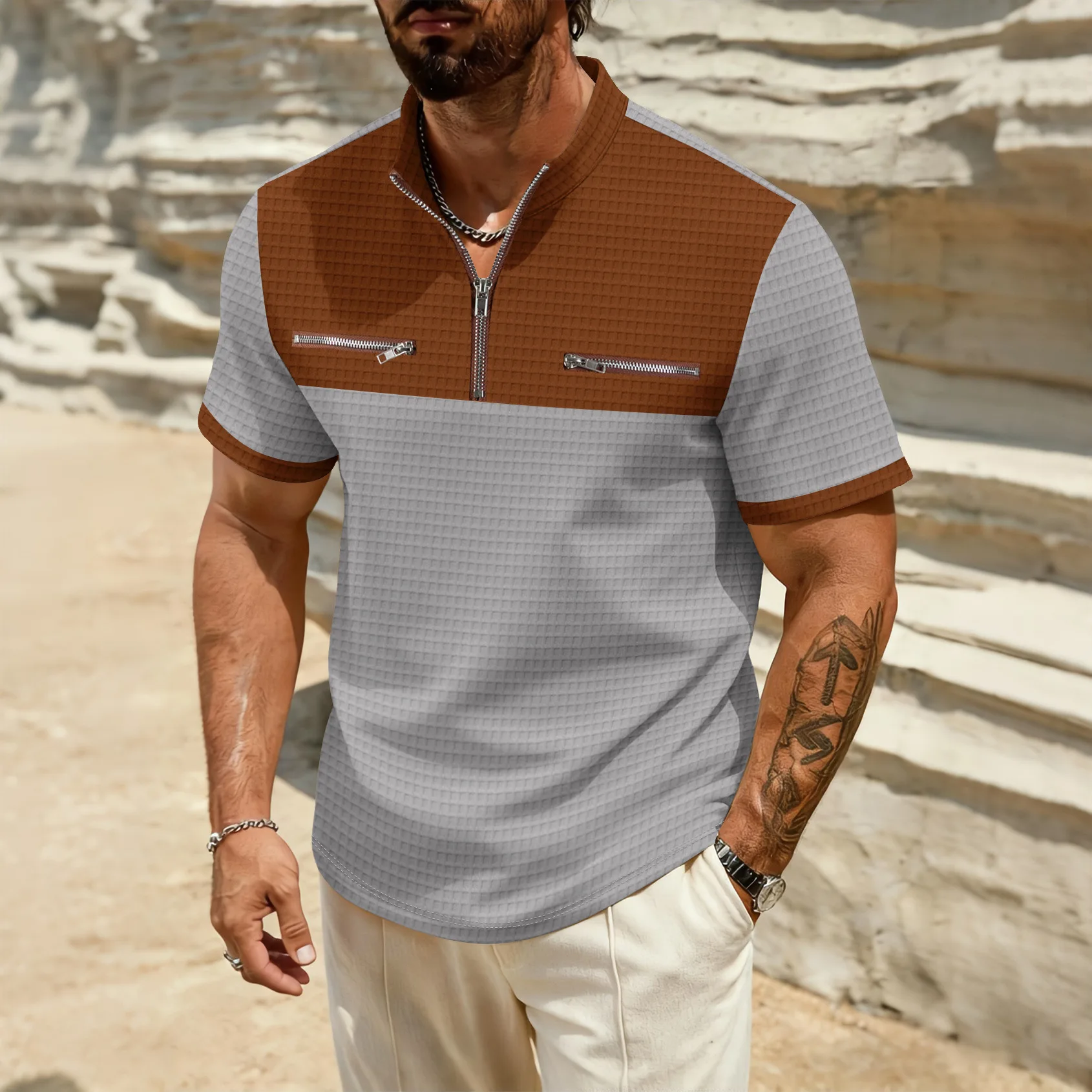 Summer men's new style fashionable casual urban texture trend light and trendy patchwork zipper casual stand-up collar shirt