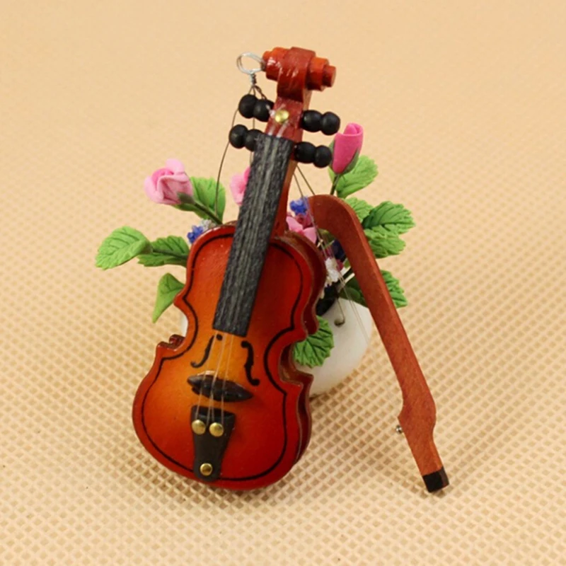 Dollhouse Violin Mini Wooden Instruments Miniature Fiddle Wooden Instrument